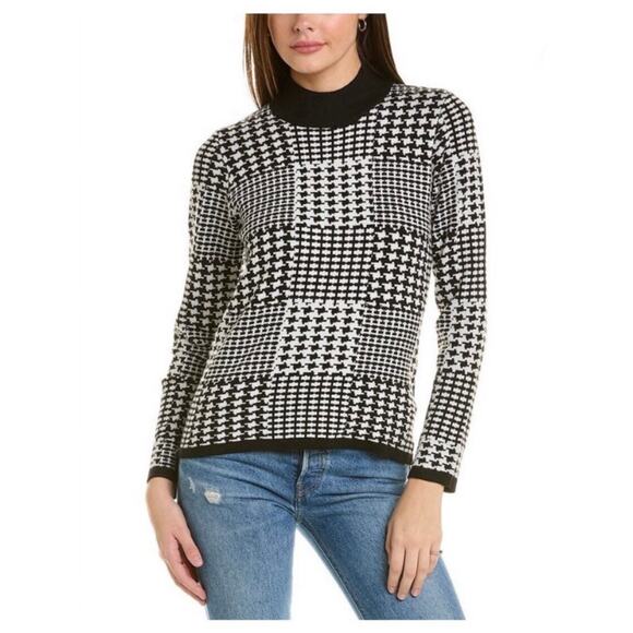 Joseph A. Black White Houndstooth Mock Neck Pullover Sweater Size Medium - Picture 1 of 13